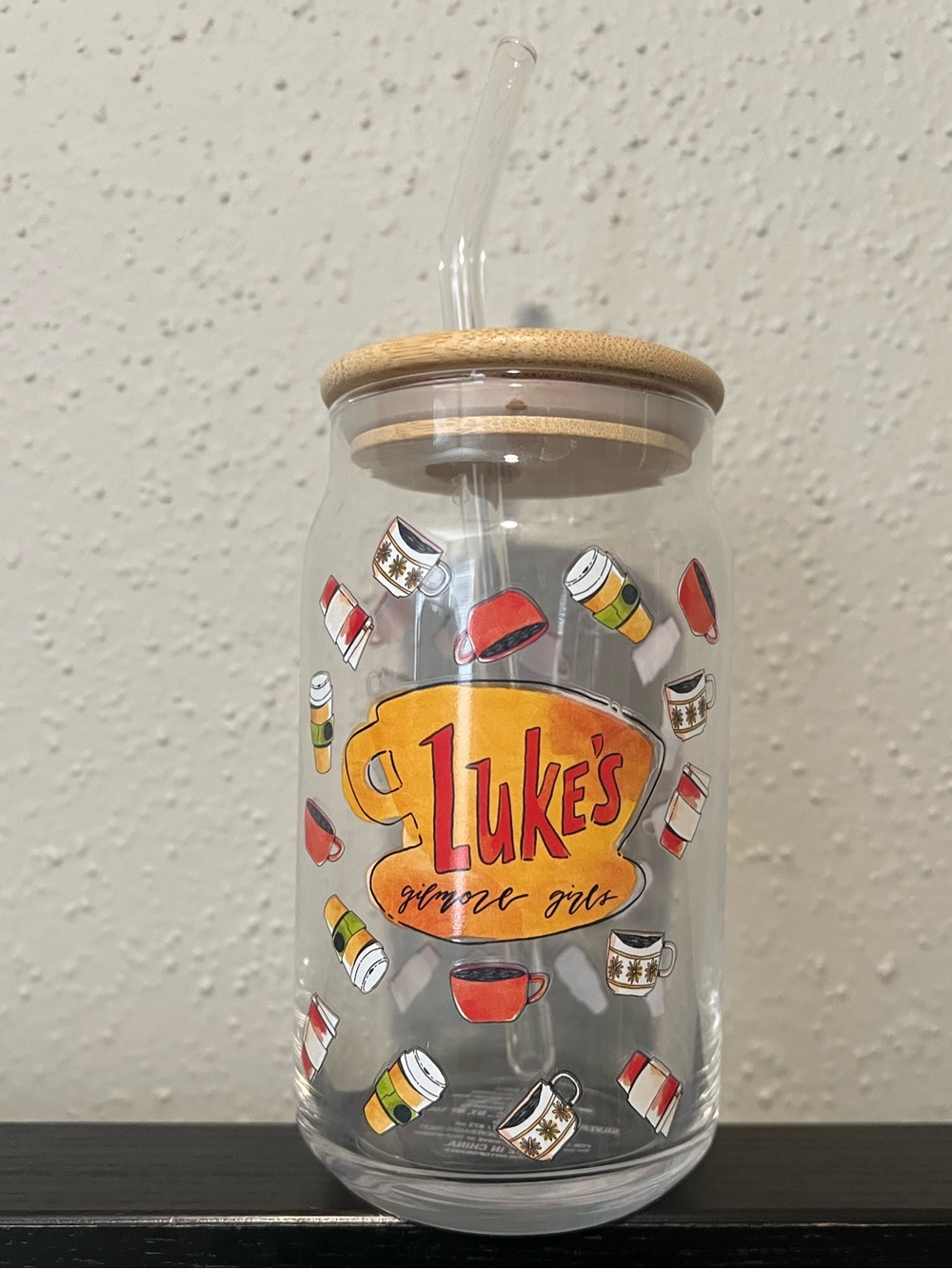 NWOT Luke's Diner Glass Tumbler with Bamboo Lid and Straw